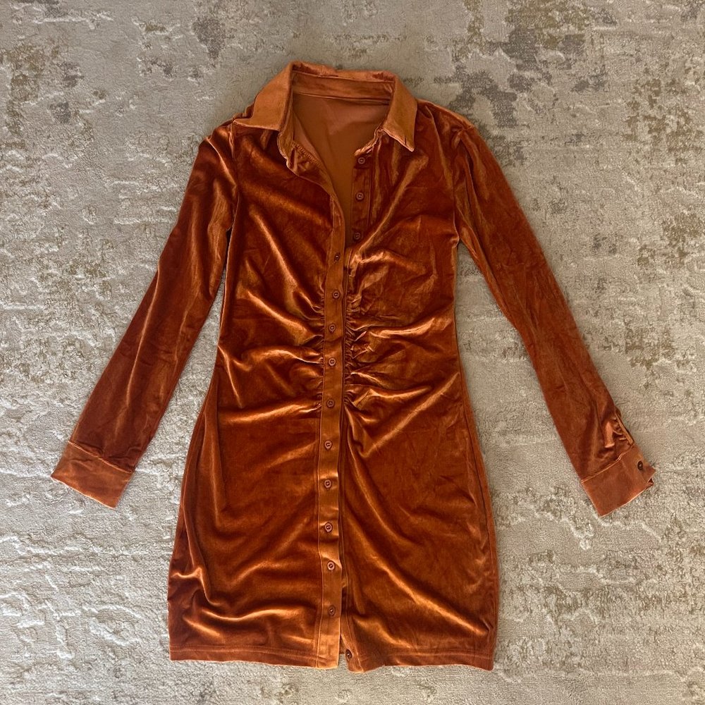 Ruched Front Velvet Shirt Dress Long Sleeve Button Down Bodycon